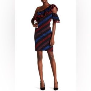 New DIESEL Stripe Metallic One Shoulder Mini Dress, Size L, MSRP $198